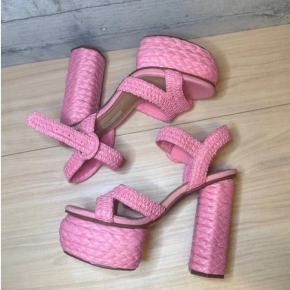 GIANNI BINI PELLE NWOB RAFFIA Pink Woven Platform Sandals - Picture 7 of 7